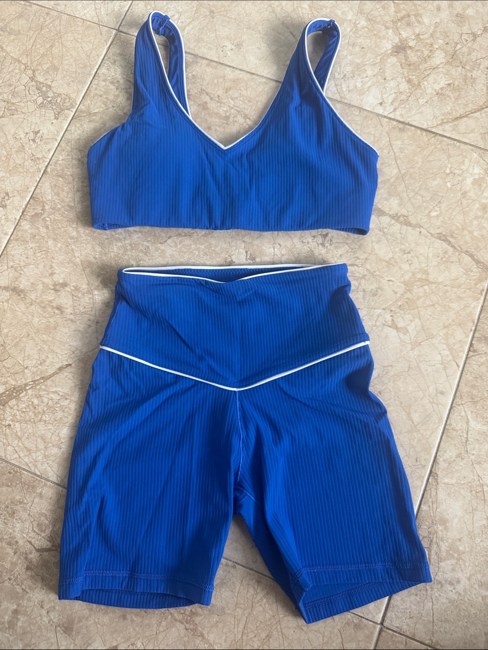 Blue Ribbed V-Neck Sports Bra & High-Waist Bike Shorts Set